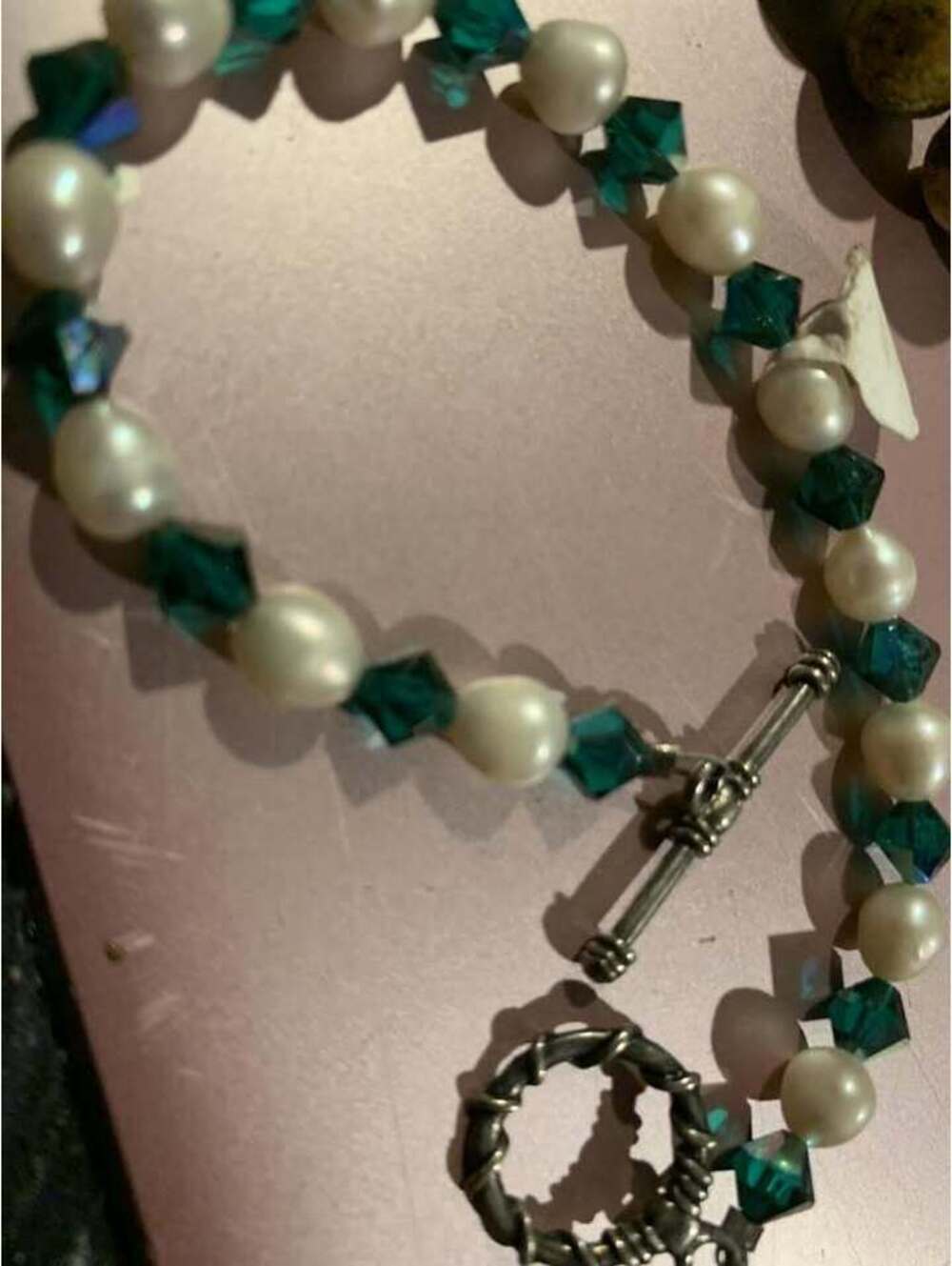 Elegant Pearl and Teal Crystal Toggle Bracelet